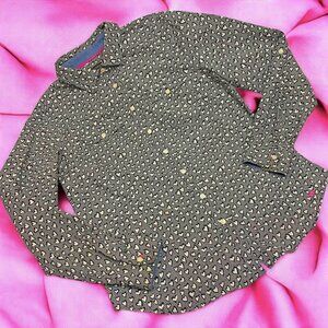 Talbots Black White Heart Print Roll Tab Sleeve‎ Button Down Shirt